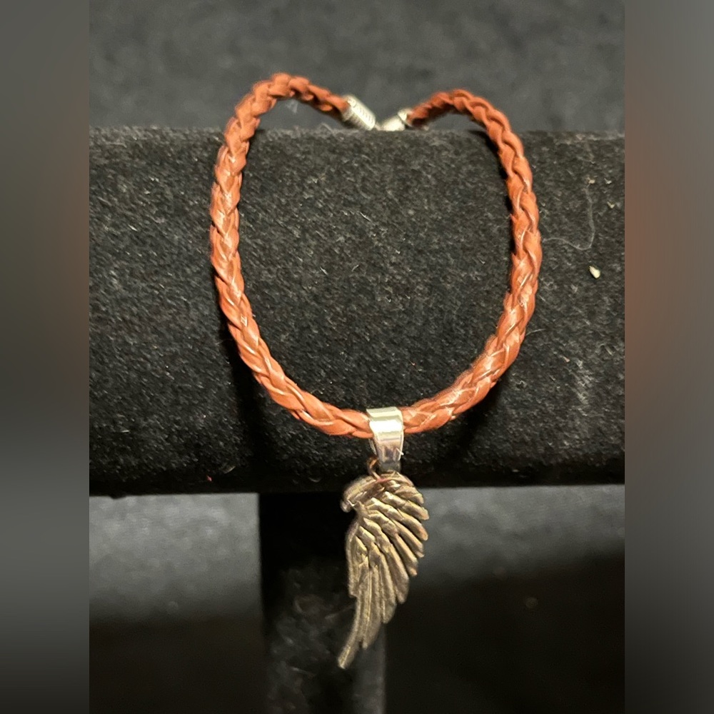Twisted Leather Bracelet with One Angel Wing Charm